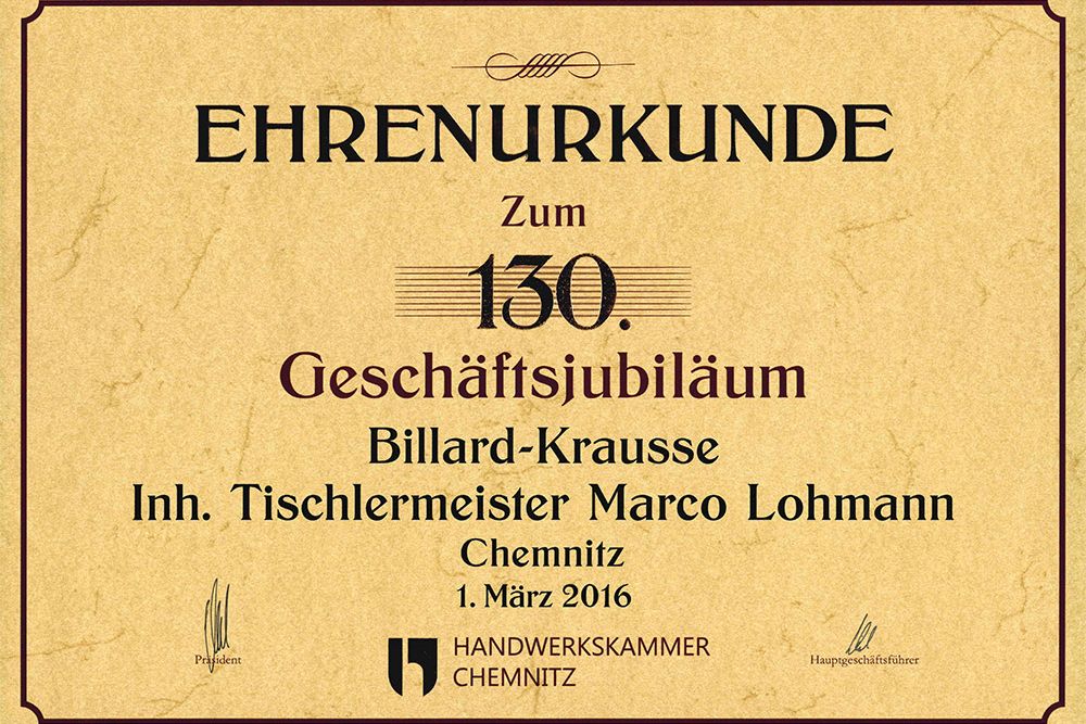 Billard-Krausse Chemnitz Tischbillard – Ehrenurkunde 130. Geschäftsjubiläum